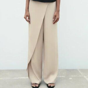 Zara Woman SS23 Tan Satin Effect Blend Drape Pareo Wide Leg Pants Ecru XL